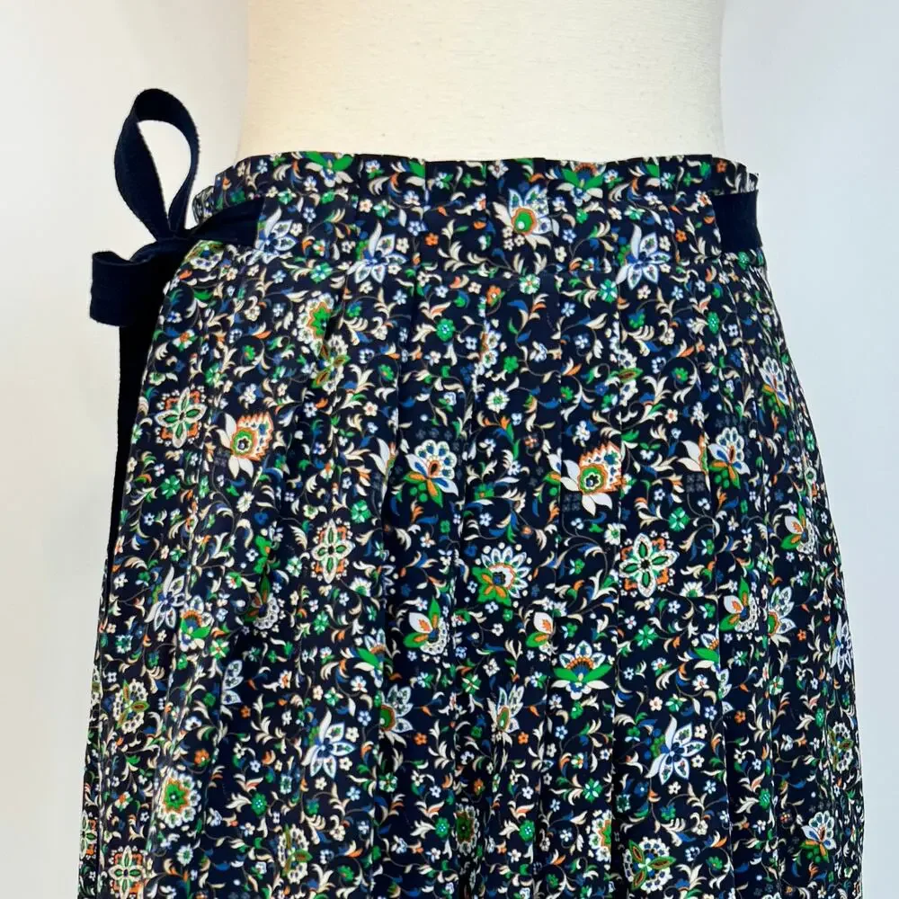 Tory Burch Silk Pleated Wrap Midi Skirt Navy Floral Multicolor Size 6